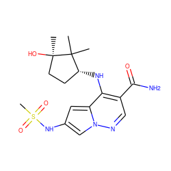 CC1(C)[C@H](Nc2c(C(N)=O)cnn3cc(NS(C)(=O)=O)cc23)CC[C@@]1(C)O ZINC000146122186