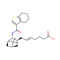 CC1(C)[C@H]2C[C@H](C/C=C/CCCC(=O)O)[C@@H](NC(=O)c3csc4c3CCCC4)[C@@H]1C2 ZINC000026500187