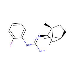 CC1(C)[C@H]2CC[C@@]1(C)[C@H](/N=C(\N)Nc1ccccc1I)C2 ZINC000100653273