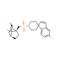 CC1(C)[C@H]2CC[C@@]1(CS(=O)(=O)N1CCC3(C=Cc4cc(F)ccc43)CC1)[C@H](O)C2 ZINC000100640434