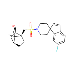 CC1(C)[C@H]2CC[C@@]1(CS(=O)(=O)N1CCC3(C=Cc4ccc(F)cc43)CC1)[C@H](O)C2 ZINC000100640416