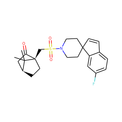 CC1(C)[C@H]2CC[C@@]1(CS(=O)(=O)N1CCC3(C=Cc4ccc(F)cc43)CC1)C(=O)C2 ZINC000100640573