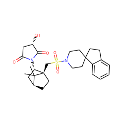 CC1(C)[C@H]2CC[C@@]1(CS(=O)(=O)N1CCC3(CCc4ccccc43)CC1)[C@@H](N1C(=O)C[C@H](O)C1=O)C2 ZINC000100014260