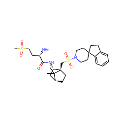 CC1(C)[C@H]2CC[C@@]1(CS(=O)(=O)N1CCC3(CCc4ccccc43)CC1)[C@@H](NC(=O)[C@@H](N)CCS(C)(=O)=O)C2 ZINC000100740473