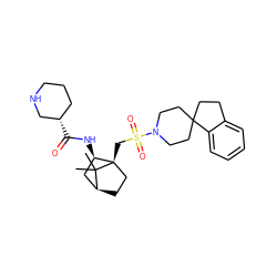 CC1(C)[C@H]2CC[C@@]1(CS(=O)(=O)N1CCC3(CCc4ccccc43)CC1)[C@H](NC(=O)[C@H]1CCCNC1)C2 ZINC000100014693