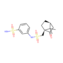 CC1(C)[C@H]2CC[C@@]1(CS(=O)(=O)Nc1cccc(S(N)(=O)=O)c1)C(=O)C2 ZINC000100229644