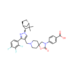 CC1(C)[C@H]2CC[C@@H](C2)[C@@H]1n1cc(CN2CCC3(CC2)CN(c2ccc(C(=O)O)cc2)C(=O)O3)c(-c2ccc(F)c(F)c2F)n1 ZINC000114358203