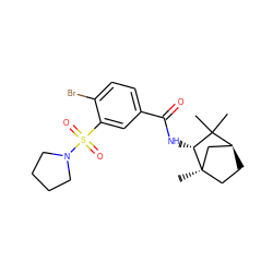 CC1(C)[C@H]2CC[C@](C)(C2)[C@@H]1NC(=O)c1ccc(Br)c(S(=O)(=O)N2CCCC2)c1 ZINC000029045819