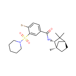 CC1(C)[C@H]2CC[C@](C)(C2)[C@@H]1NC(=O)c1ccc(Br)c(S(=O)(=O)N2CCCCC2)c1 ZINC000029045813