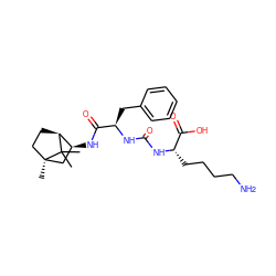 CC1(C)[C@H]2CC[C@]1(C)C[C@@H]2NC(=O)[C@@H](Cc1ccccc1)NC(=O)N[C@@H](CCCCN)C(=O)O ZINC000473133935