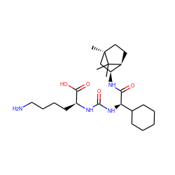 CC1(C)[C@H]2CC[C@]1(C)C[C@@H]2NC(=O)[C@H](NC(=O)N[C@@H](CCCCN)C(=O)O)C1CCCCC1 ZINC000473135537