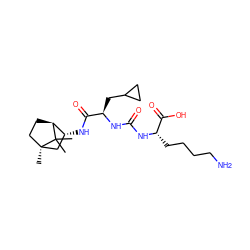 CC1(C)[C@H]2CC[C@]1(C)C[C@H]2NC(=O)[C@@H](CC1CC1)NC(=O)N[C@@H](CCCCN)C(=O)O ZINC000473114716