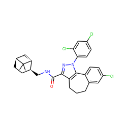 CC1(C)[C@H]2CC[C@H](CNC(=O)c3nn(-c4ccc(Cl)cc4Cl)c4c3CCCc3cc(Cl)ccc3-4)[C@H]1C2 ZINC000139835816