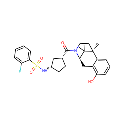 CC1(C)[C@H]2Cc3c(O)cccc3[C@]1(C)CCN2C(=O)[C@@H]1CC[C@H](NS(=O)(=O)c2ccccc2F)C1 ZINC000205482251