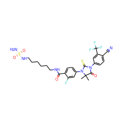 CC1(C)C(=O)N(c2ccc(C#N)c(C(F)(F)F)c2)C(=S)N1c1ccc(C(=O)NCCCCCCNS(N)(=O)=O)c(F)c1 ZINC001772616462