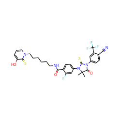 CC1(C)C(=O)N(c2ccc(C#N)c(C(F)(F)F)c2)C(=S)N1c1ccc(C(=O)NCCCCCCn2cccc(O)c2=S)c(F)c1 ZINC001772625697