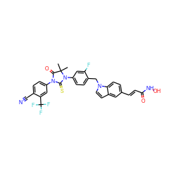 CC1(C)C(=O)N(c2ccc(C#N)c(C(F)(F)F)c2)C(=S)N1c1ccc(Cn2ccc3cc(/C=C/C(=O)NO)ccc32)c(F)c1 ZINC001772573275