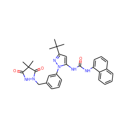 CC1(C)C(=O)NN(Cc2cccc(-n3nc(C(C)(C)C)cc3NC(=O)Nc3cccc4ccccc34)c2)C1=O ZINC000064526320