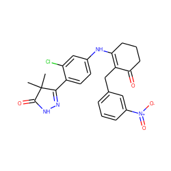 CC1(C)C(=O)NN=C1c1ccc(NC2=C(Cc3cccc([N+](=O)[O-])c3)C(=O)CCC2)cc1Cl ZINC000013587325