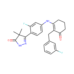 CC1(C)C(=O)NN=C1c1ccc(NC2=C(Cc3cccc(F)c3)C(=O)CCC2)cc1F ZINC000013587323