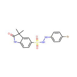 CC1(C)C(=O)Nc2ccc(S(=O)(=O)NNc3ccc(Br)cc3)cc21 ZINC000653701700