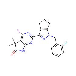 CC1(C)C(=O)Nc2nc(-c3nn(Cc4ccccc4F)c4c3CCC4)nc(I)c21 ZINC000143019040