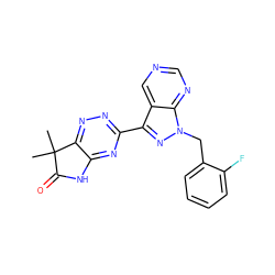 CC1(C)C(=O)Nc2nc(-c3nn(Cc4ccccc4F)c4ncncc34)nnc21 ZINC000205097474