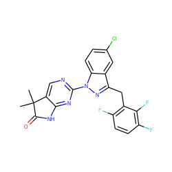 CC1(C)C(=O)Nc2nc(-n3nc(Cc4c(F)ccc(F)c4F)c4cc(Cl)ccc43)ncc21 ZINC000205086808