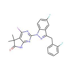 CC1(C)C(=O)Nc2nc(-n3nc(Cc4ccccc4F)c4cc(F)ccc43)nc(I)c21 ZINC000142958152