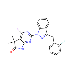 CC1(C)C(=O)Nc2nc(-n3nc(Cc4ccccc4F)c4ccccc43)nc(I)c21 ZINC000142964957