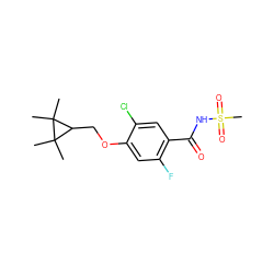 CC1(C)C(COc2cc(F)c(C(=O)NS(C)(=O)=O)cc2Cl)C1(C)C ZINC000216198686