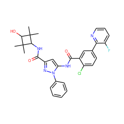 CC1(C)C(O)C(C)(C)C1NC(=O)c1cc(NC(=O)c2cc(-c3ncccc3F)ccc2Cl)n(-c2ccccc2)n1 ZINC001772639029