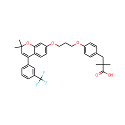 CC1(C)C=C(c2cccc(C(F)(F)F)c2)c2ccc(OCCCOc3ccc(CC(C)(C)C(=O)O)cc3)cc2O1 ZINC000071282159