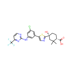 CC1(C)C[C@@](O)(c2ncc(-c3cc(Cl)cc(Nc4nccc(C(F)(F)F)n4)c3)s2)CC[C@@H]1C(=O)O ZINC000141739705