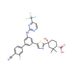 CC1(C)C[C@@](O)(c2ncc(-c3cc(Nc4nccc(C(F)(F)F)n4)cc(-c4ccc(C#N)c(F)c4)c3)s2)CC[C@@H]1C(=O)O ZINC000221432103