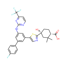 CC1(C)C[C@@](O)(c2ncc(-c3cc(Nc4nccc(C(F)(F)F)n4)cc(-c4ccc(F)cc4)c3)s2)CC[C@@H]1C(=O)O ZINC000221393389