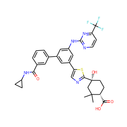 CC1(C)C[C@@](O)(c2ncc(-c3cc(Nc4nccc(C(F)(F)F)n4)cc(-c4cccc(C(=O)NC5CC5)c4)c3)s2)CC[C@@H]1C(=O)O ZINC000221399197