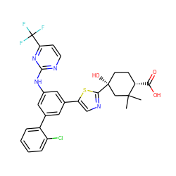 CC1(C)C[C@@](O)(c2ncc(-c3cc(Nc4nccc(C(F)(F)F)n4)cc(-c4ccccc4Cl)c3)s2)CC[C@@H]1C(=O)O ZINC000221411461