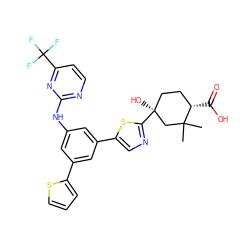 CC1(C)C[C@@](O)(c2ncc(-c3cc(Nc4nccc(C(F)(F)F)n4)cc(-c4cccs4)c3)s2)CC[C@@H]1C(=O)O ZINC000221431884