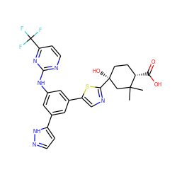 CC1(C)C[C@@](O)(c2ncc(-c3cc(Nc4nccc(C(F)(F)F)n4)cc(-c4ccn[nH]4)c3)s2)CC[C@@H]1C(=O)O ZINC000221399703