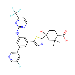 CC1(C)C[C@@](O)(c2ncc(-c3cc(Nc4nccc(C(F)(F)F)n4)cc(-c4cncc(F)c4)c3)s2)CC[C@@H]1C(=O)O ZINC000221405317