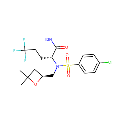 CC1(C)C[C@@H](CN([C@H](CCC(F)(F)F)C(N)=O)S(=O)(=O)c2ccc(Cl)cc2)O1 ZINC000073158783