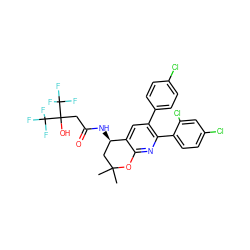 CC1(C)C[C@@H](NC(=O)CC(O)(C(F)(F)F)C(F)(F)F)c2cc(-c3ccc(Cl)cc3)c(-c3ccc(Cl)cc3Cl)nc2O1 ZINC000049784776