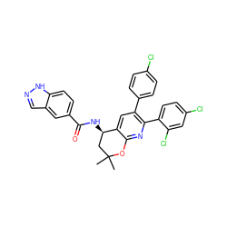 CC1(C)C[C@@H](NC(=O)c2ccc3[nH]ncc3c2)c2cc(-c3ccc(Cl)cc3)c(-c3ccc(Cl)cc3Cl)nc2O1 ZINC000049793423