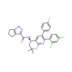 CC1(C)C[C@@H](NC(=O)c2n[nH]c3c2CCC3)c2cc(-c3ccc(Cl)cc3)c(-c3ccc(Cl)cc3Cl)nc2O1 ZINC000049784368