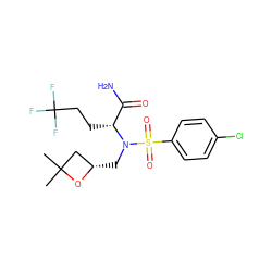 CC1(C)C[C@H](CN([C@H](CCC(F)(F)F)C(N)=O)S(=O)(=O)c2ccc(Cl)cc2)O1 ZINC000073158780