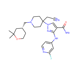 CC1(C)C[C@H](CN2CCC(CC#N)(n3cc(C(N)=O)c(Nc4ccnc(F)c4)n3)CC2)CCO1 ZINC000221034651