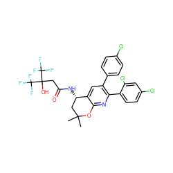 CC1(C)C[C@H](NC(=O)CC(O)(C(F)(F)F)C(F)(F)F)c2cc(-c3ccc(Cl)cc3)c(-c3ccc(Cl)cc3Cl)nc2O1 ZINC000049802255