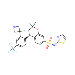 CC1(C)C[C@H](c2ccc(C(F)(F)F)cc2C2(F)CNC2)c2ccc(S(=O)(=O)Nc3nccs3)cc2O1 ZINC000653742639