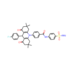 CC1(C)CC(=O)C2=C(C1)N(c1ccc(C(=O)Nc3ccc(S(N)(=O)=O)cc3)cc1)C1=C(C(=O)CC(C)(C)C1)C2c1ccc(F)cc1 ZINC000096910920